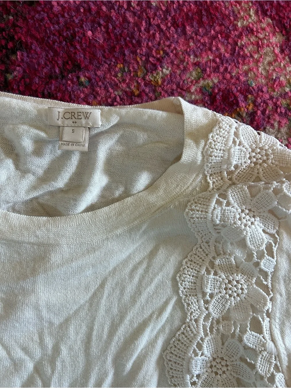 J. Crew White Long-Sleeve Crewneck Sweater with Floral Lace Panels
